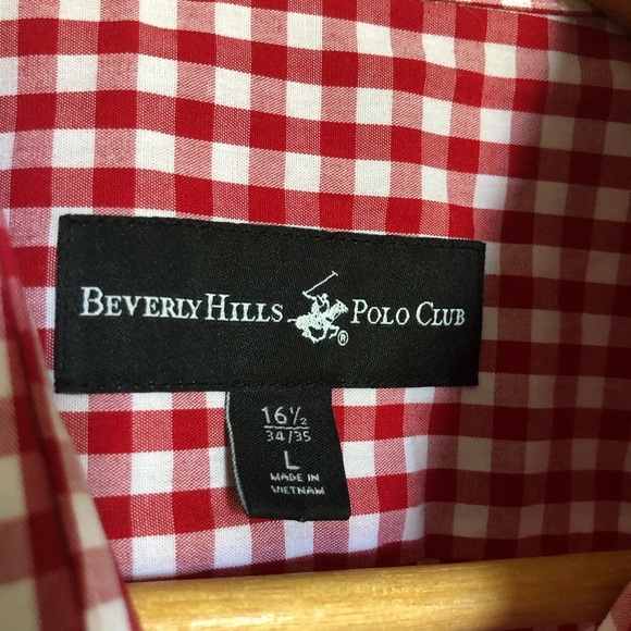 Beverly Hills Polo Club Red and White Checked Casual Button Down Shirt Large - Picture 3 of 7